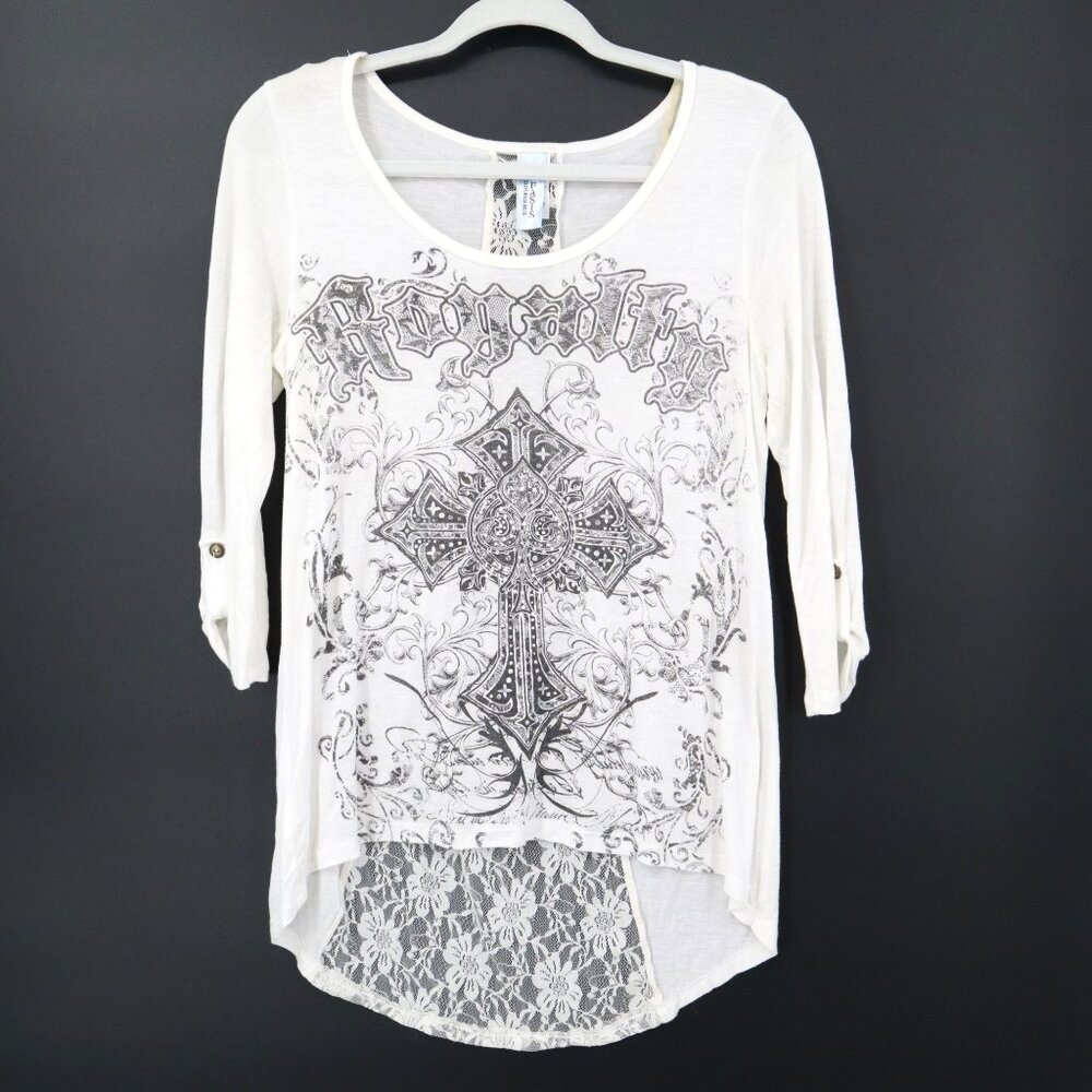 Y2K Lace Cross Printed Top Womens M White Alt Streetwear‎ Retro Grunge Vintage